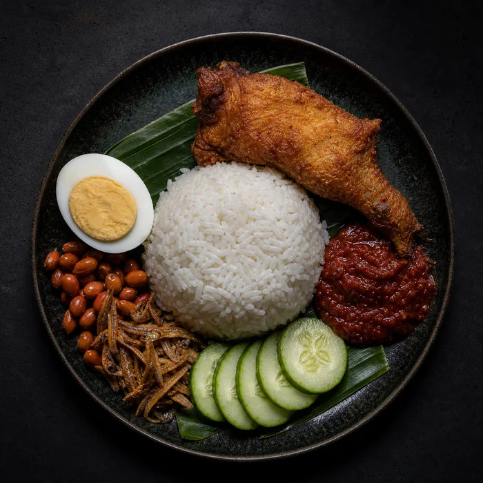 A nasi lemak plate with fried chicken, egg, ikan bilis and sambal