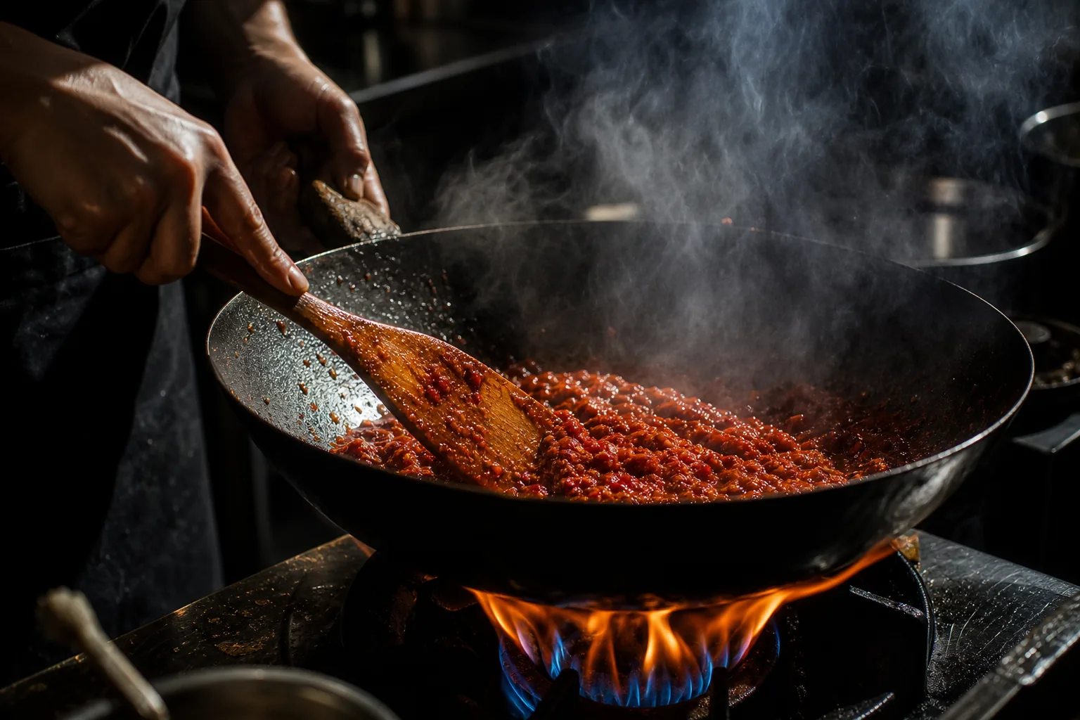 Sambal being cooked in a wok over a gas flame